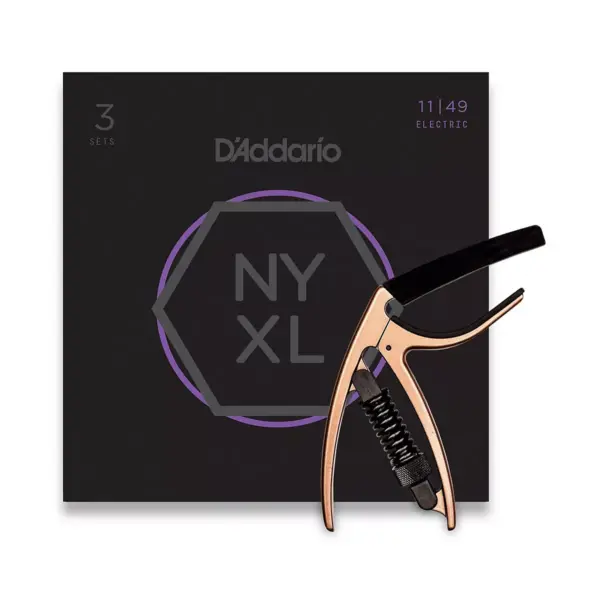 D'Addario NYXL1149 Medium 3-Pack Electric Guitar Strings and NS Reflex Capo Antique Bronze