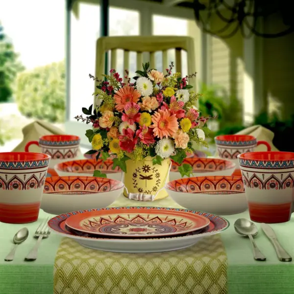 16pc Stoneware Citrus Kaleidoscope Dinnerware Set Orange - Elama