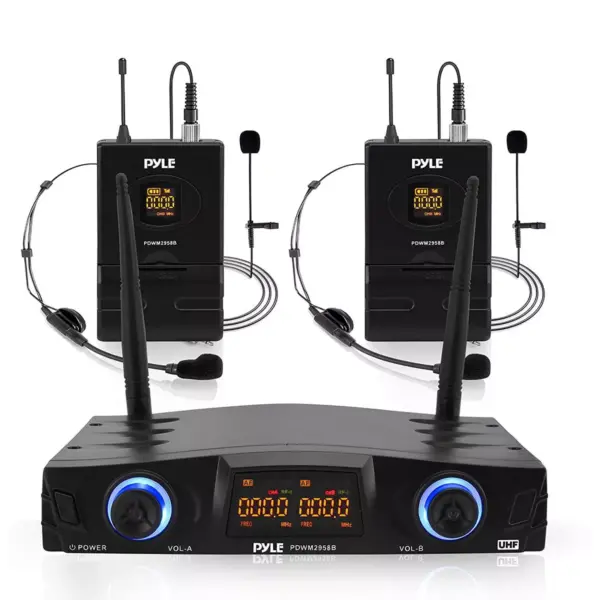 Pyle PDWM2958B Compact Portable Dual Channel Wireless Audio Microphone System Kit with Microphones, Headsets, and 2 Belt Pack Transmitters, Black