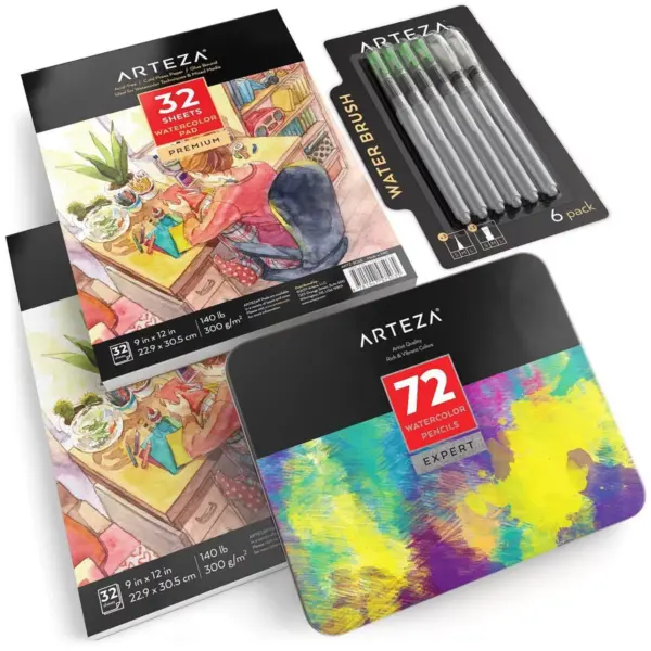 Arteza Watercolor Pencil Bundle - 2 Watercolor Pencils, 2 Pads, 6 Water Brush Pens