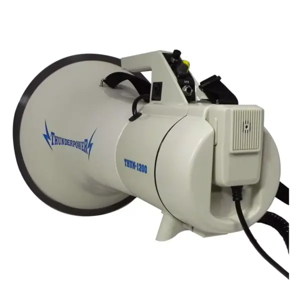 ThunderPower THUN1200 Earthquake Maker 2000 Yard Sound Range 45 Watt Portable PA Bullhorn Megaphone Speaker w/ 2 Modes, Aux Input, & DC Charger, White