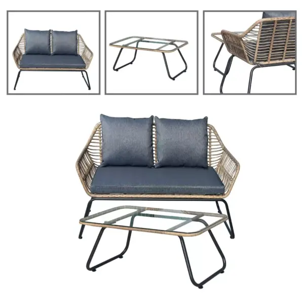 Lugano 2pc Rattan Wicker Outdoor Patio Loveseat & Coffee Table Set with Cushions - Natural/Gray - DUKAP