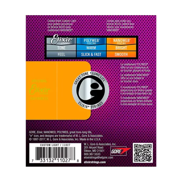 Elixir 80/20 Bronze Acoustic Guitar Strings with NANOWEB Coating, Custom Light (.011-.052)