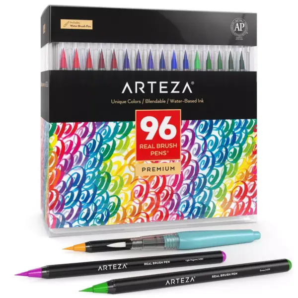 Arteza Blendable Ink Real Brush Tip Artist Brush Pens Set, Assorted Colors, Non-Toxic - 96 Pack (ARTZ-8192)