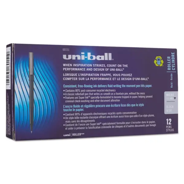 uni-ball Roller Ball Stick Dye-Based Pen Black Ink Micro Dozen 60151