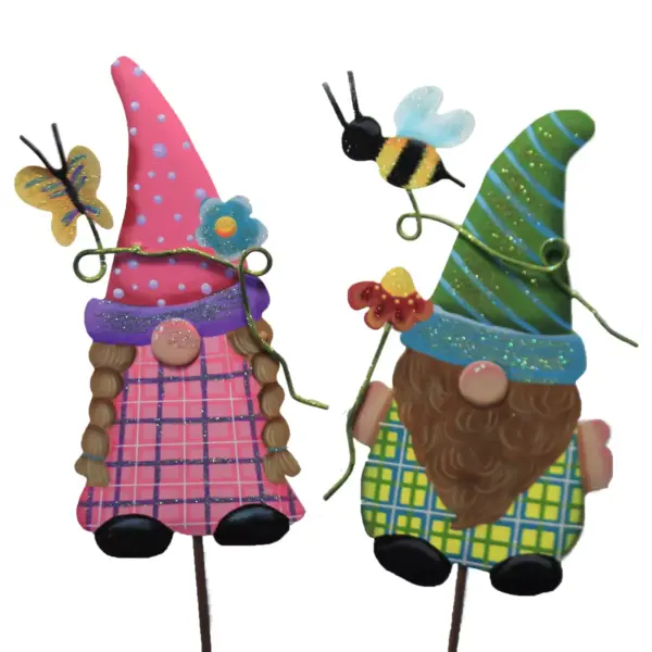 Home & Garden 28.0" Garden Gnome Kids Set/2 Bee Butterfly Round Top Collection  -  Decorative Garden Stakes