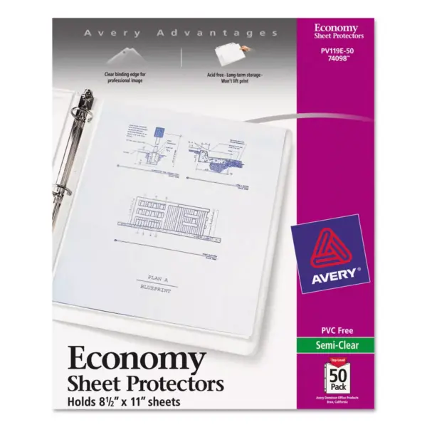 Avery Top-Load Sheet Protector Economy Gauge Letter Semi-Clear 50/Box 74098