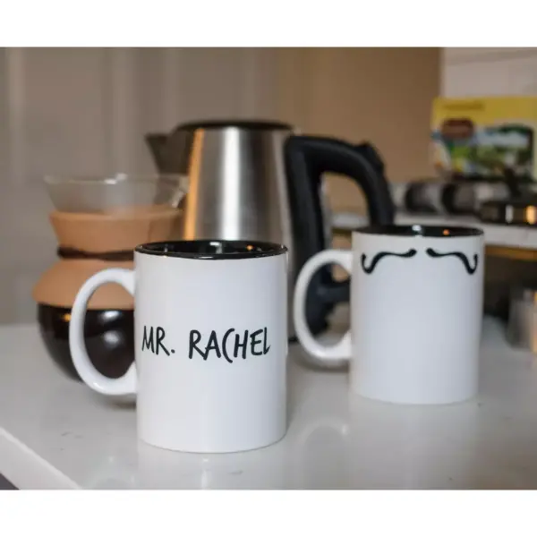 Robe Factory LLC Friends Mr. Rachel Whiskers and Mrs. Ross Moustache Double-Sided Mugs | Set of 2