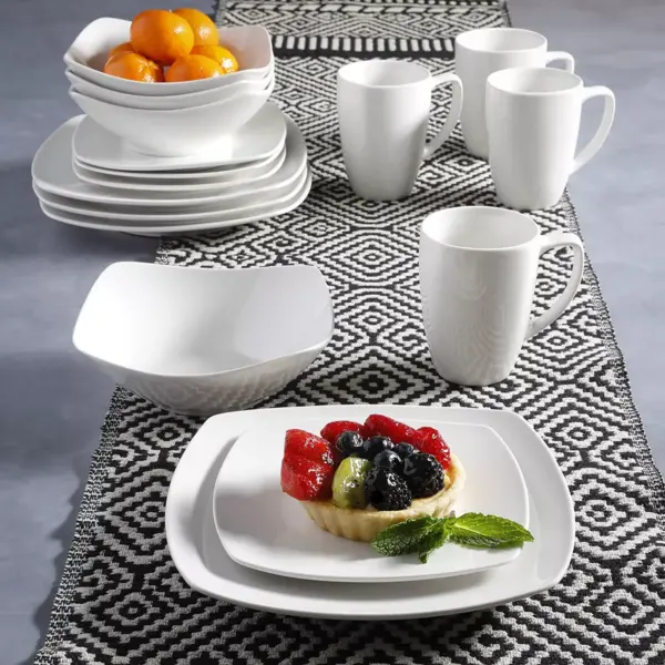 Gibson Zen Buffet 16 Piece Porcelain Square Plates, Bowls, and Mugs Dinnerware Set, Microwave and Dishwasher Safe, White (2 Pack)