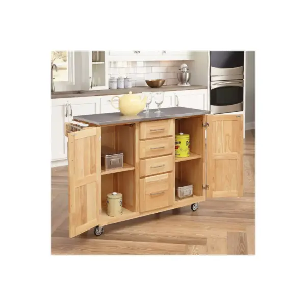 Breakfast Bar Kitchen Cart Natural with Stainless Steel Top - Home Styles