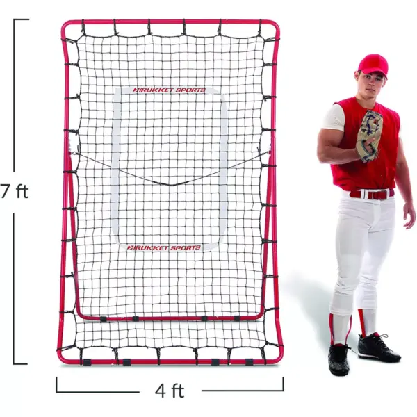 Rukket Sports Adjustable Pitch Back Baseball and Softball Rebounder Pro Practice Throwing Net Screen, Red