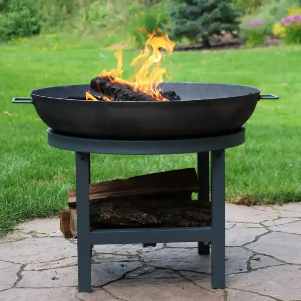 Sunnydaze Outdoor Camping or Backyard Cast Iron Round Fire Pit with Built-In Log Rack - 30" - Dark Gray