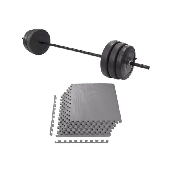 Everyday Essentials Steel Barbell Weight Lifting Set with Spring Clip Collars, 100 Pounds and 1/2 Inch Thick Floor Exercise Mat, Gray