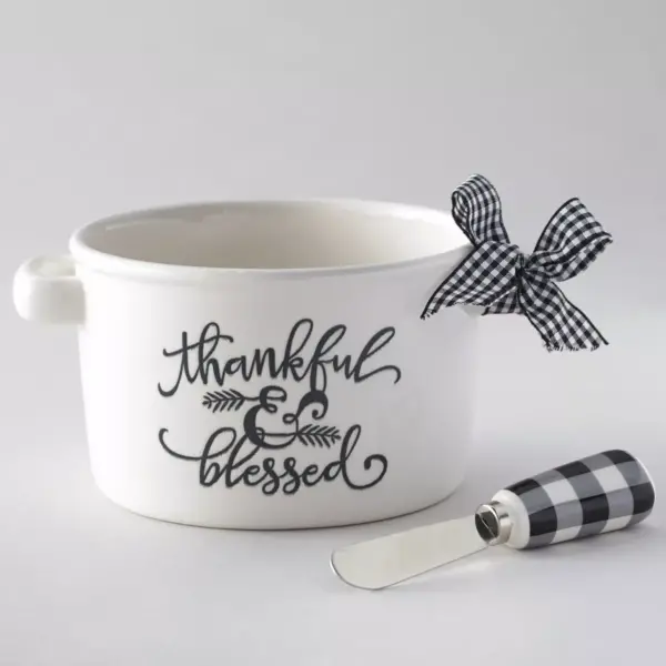 Lakeside Thankful and Blessed Dipping Bowl and Spreader with Embossed Text