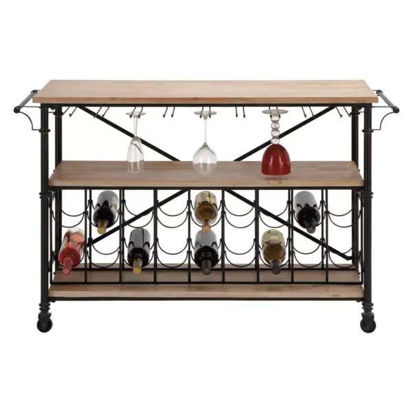 Metal and Wood Pine Shelves Wine Roll Table Black - Olivia & May