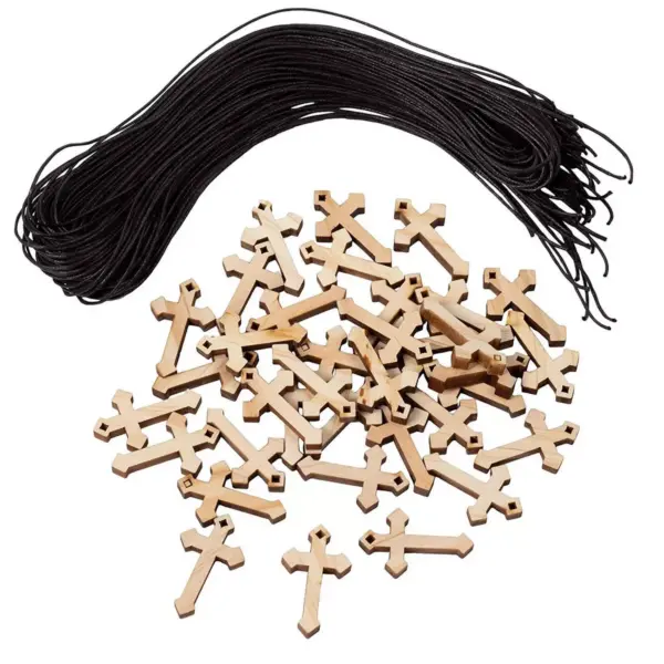 Genie Crafts 36-Pack Bulk Mini Wooden Cross Pendant Necklaces for Gifts, Arts and Crafts, 1.37 x 0.8 x 0.2 In