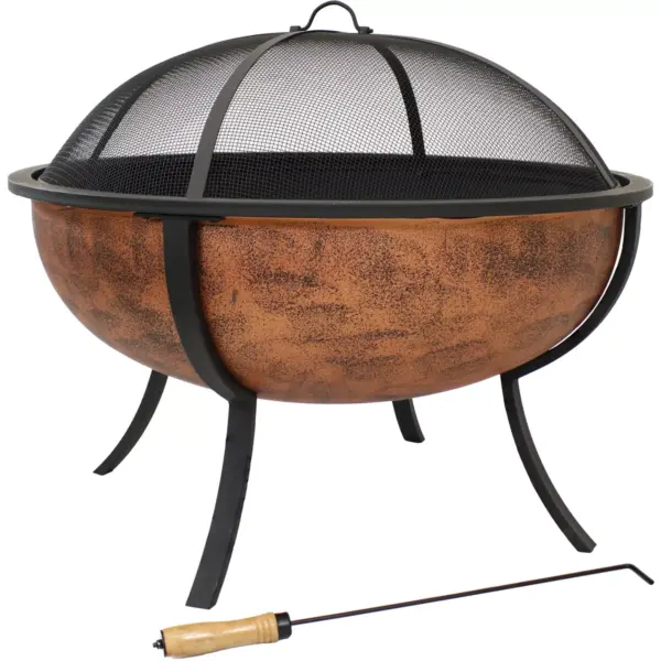 Sunnydaze Outdoor Portable Camping or Backyard Large Round Fire Pit Bowl with Spark Screen, Wood Grate, and Log Poker - 32" - Copper Finish