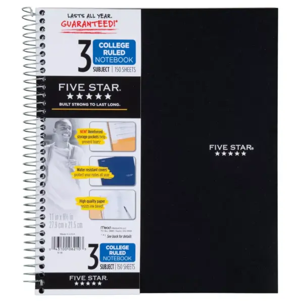 Five Star 3 Subject College Ruled Spiral Notebook (Color Will Vary)