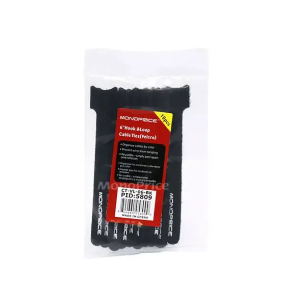 Monoprice Hook and Loop Fastening Cable Ties, 6 in, 10 pcs/pack, Black