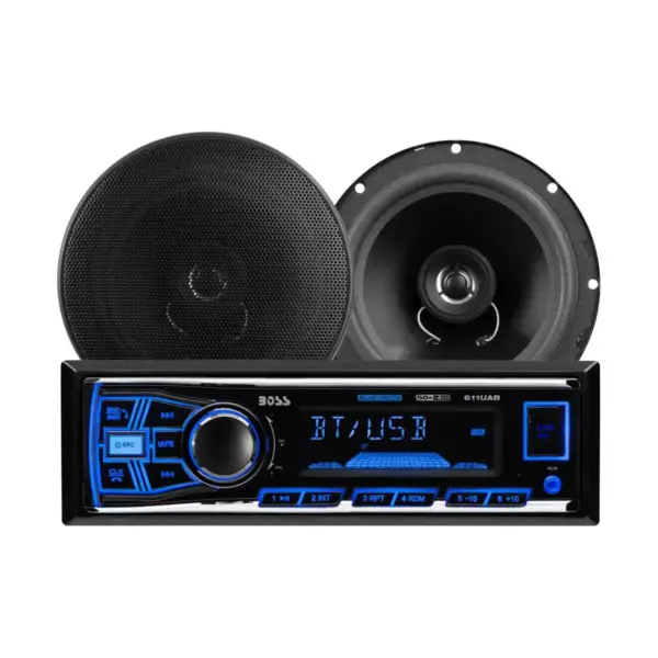 BOSS Audio Systems 638BCK Single Din Bluetooth DM Receiver Bundle Car Stereo Pack with 2 6.5-Inch Full-Range Speakers, Black