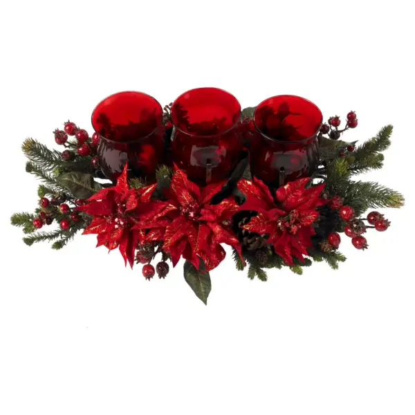 Poinsettia & Berry Triple Candelabrum - Nearly Natural