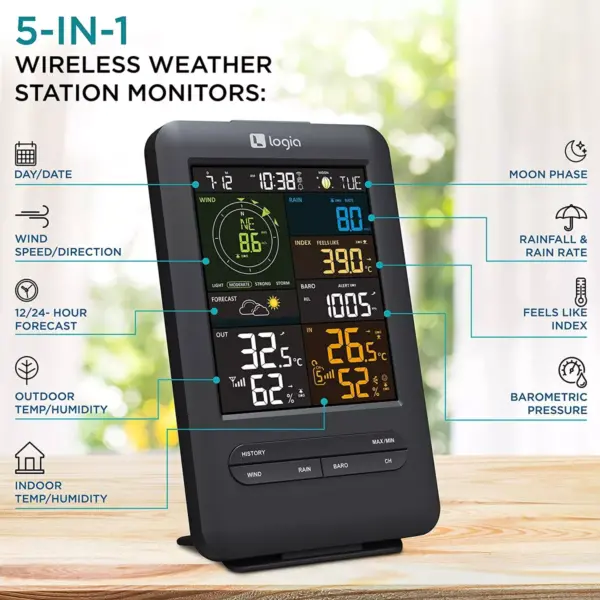 Logia 5-in-1 Wi-Fi Weather Station with Solar | Indoor/Outdoor Remote Monitoring System, Temperature Humidity Wind Speed/Direction Rain & More, Wireless Color Console w/Forecast Data, Alarm, Alerts