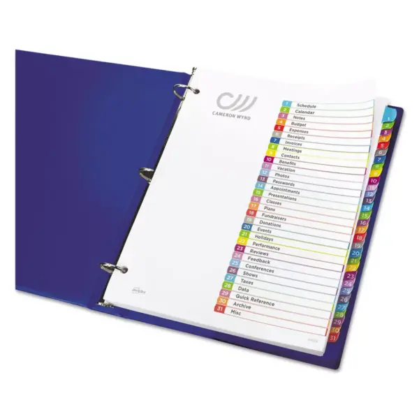 Avery Ready Index Table of Contents Dividers Multicolor Tabs 1-31 Letter 11846