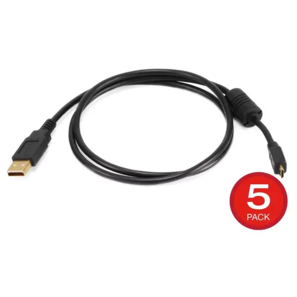 Monoprice USB-A to Micro B 2.0 Cable - 3 Feet - Black (5-Pack) 5-Pin 28/24AWG Gold Plated Connectors