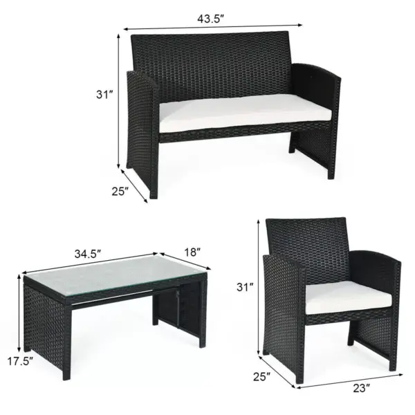 Costway 4PCS Patio Rattan Furniture Conversation Set Cushioned Sofa Coffee Table Black