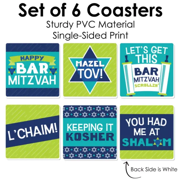 Big Dot of Happiness Blue Bar Mitzvah - Funny Boy Party Decorations - Drink Coasters - Set of 6