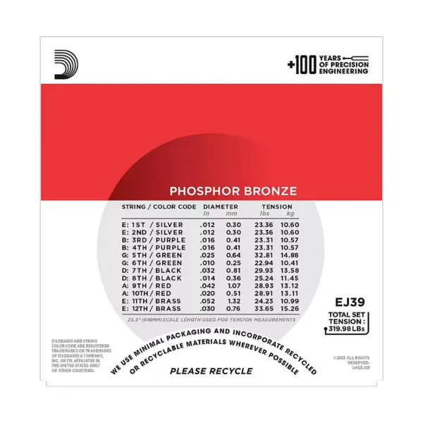 D'Addario EJ39 PB Medium 12-String Acoustic Guitar String Set