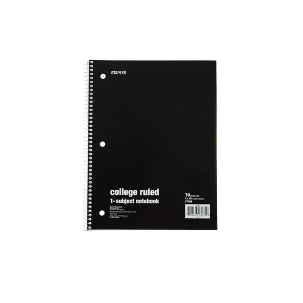 Staples 1-Subject Notebook 8" x 10.5" College Ruled 70 Sh. Black 1484082