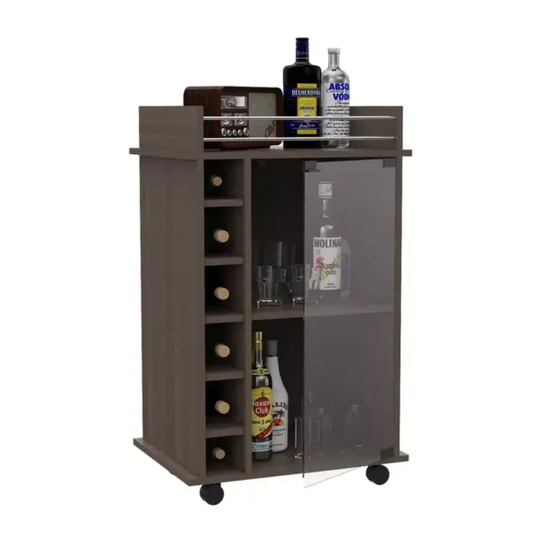 TUHOME Dukat Bar Storage Display Cabinet Cart with Wheels for Wine and Liquor with Glass Door, 2 Shelves, and 6 Cubbies, Smoky Oak