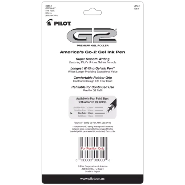 Pilot 5ct G2 Premium Retractable Gel Ink Pens Fine Point 0.7mm