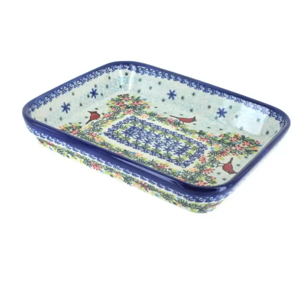 Blue Rose Polish Pottery Winter Cardinal Medium Rectangular Baker