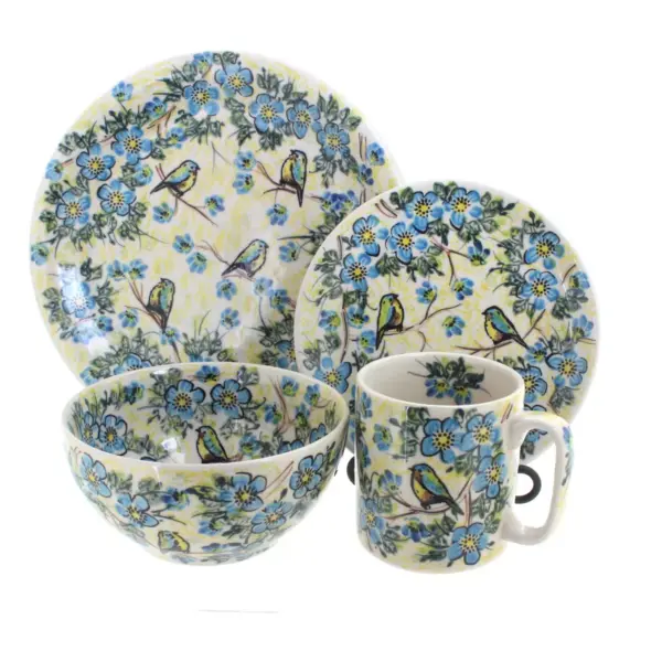 Blue Rose Polish Pottery Bluebird Garden 4 Piece Place Setting - Service for 1