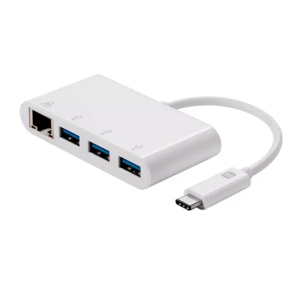 Monoprice USB-C 3-Port USB Hub - White With Wired Gigabit Ethernet Port,  USB 3.0 Speeds - Select Series