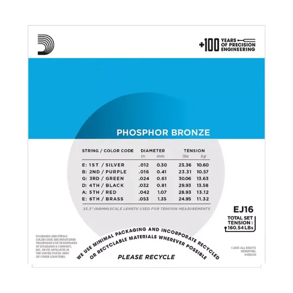 D'Addario EJ16 Phosphor Bronze Light Acoustic Guitar Strings Single-Pack