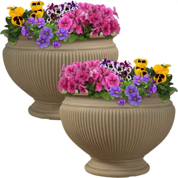 Sunnydaze Indoor/Outdoor Patio, Garden, or Porch Weather-Resistant Double-Walled Elizabeth Ribbed Urn Flower Pot Planter - 16" - Beige - 2pk