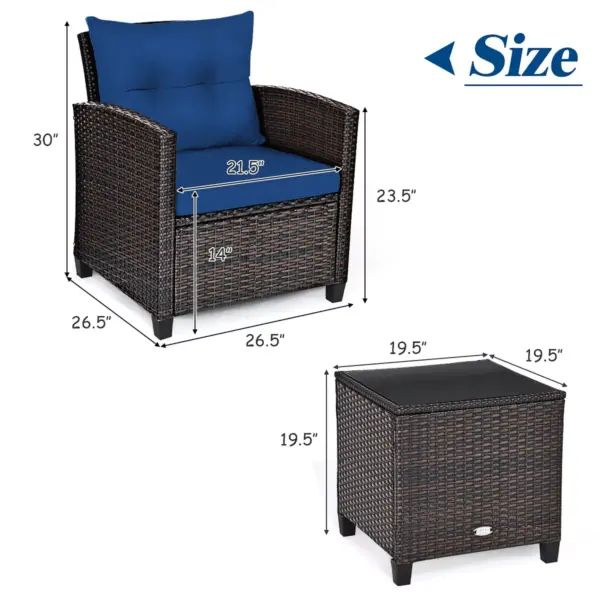 3PCS Patio Rattan Furniture Set Cushioned Conversation Set Coffee Table Navy