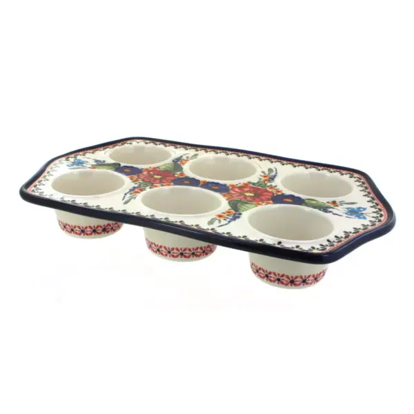 Blue Rose Polish Pottery Floral Butterfly Muffin Pan