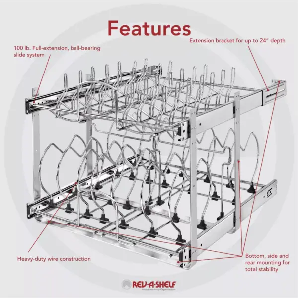 Rev-A-Shelf 5CW2-2122-CR 21-Inch 2-Tier Wire Pull Out Kitchen Cabinet Organizer for Pots, Pans, and Lid Cookware, Chrome