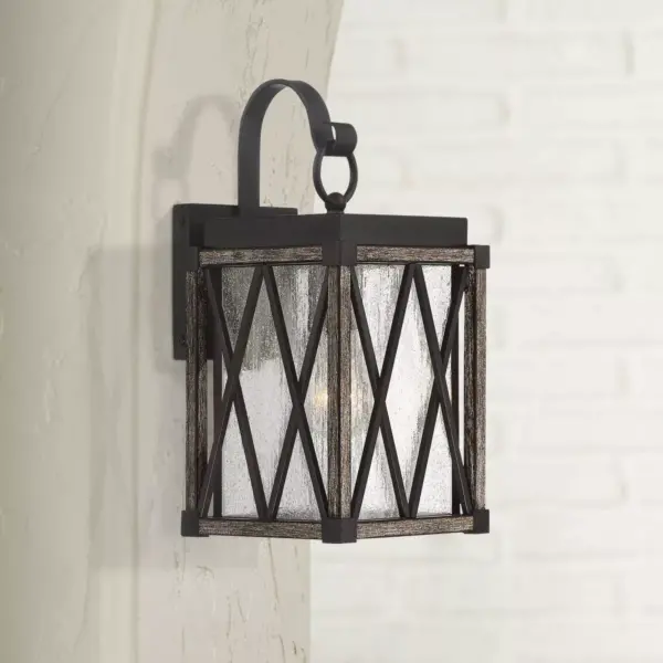 Possini Euro Design Rustic Outdoor Wall Light Fixture Bronze Wood 13 1/2" Clear Seedy Glass Lantern for Exterior House Porch Patio