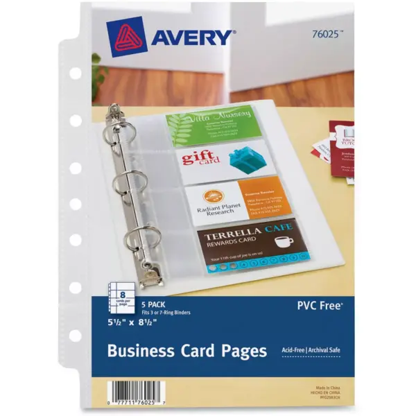 Avery Business Card Pages, 7HP, 5-1/2"x8-1/2", 8 Slot/Pg, 5/PK, CL 76025