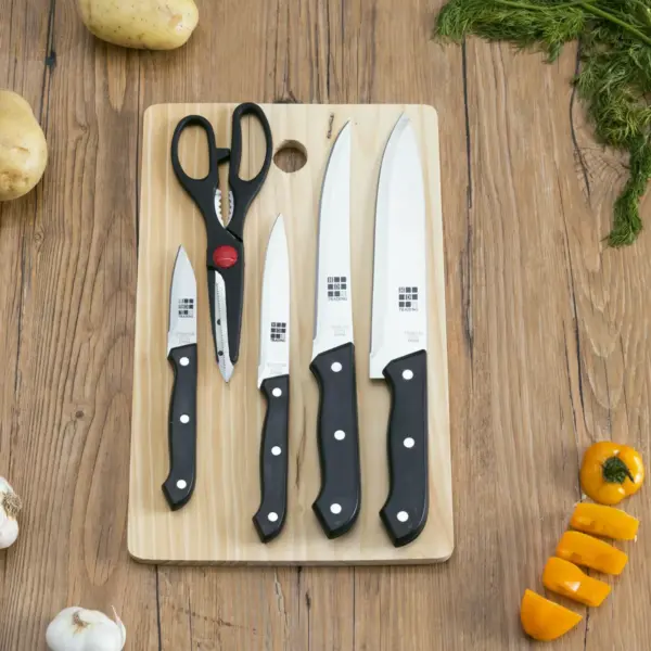 Home Basics Essentials Series 5 Piece Stainless Steel Knife Set with All Natural Wood Cutting Board