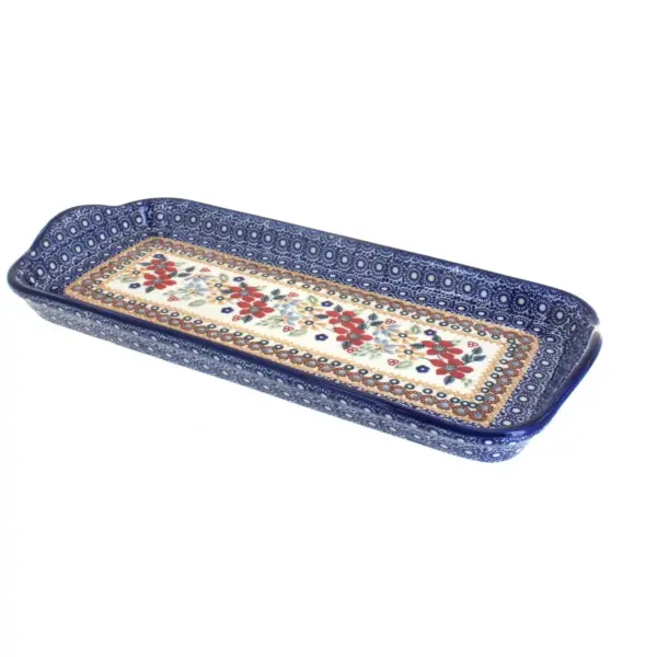 Blue Rose Polish Pottery Red Daisy Bread Tray with Handles