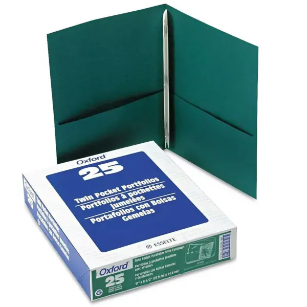 Oxford Twin-Pocket Folders with 3 Fasteners Letter 1/2" Capacity Green 25/Box 57756