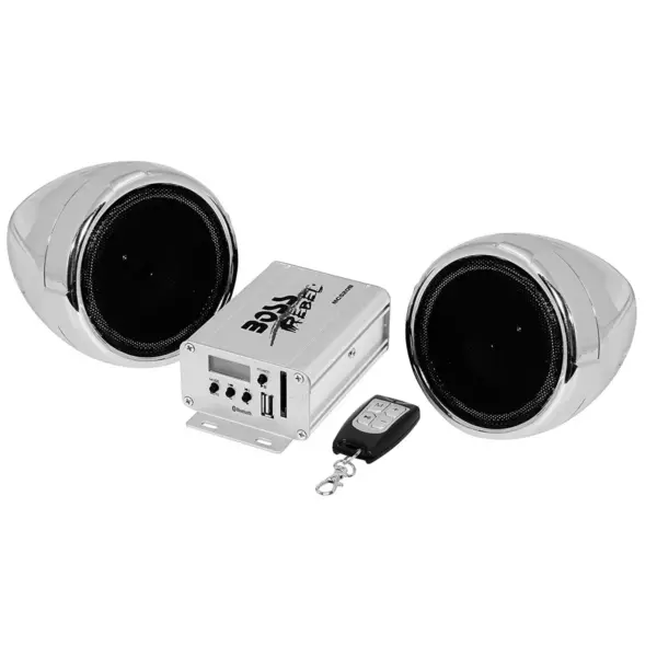 BOSS Audio 600-Watt 3-Inch Motorcycle ATV Weatherproof Speakers with Amplifier and Wireless Key Chain Remote, Chrome