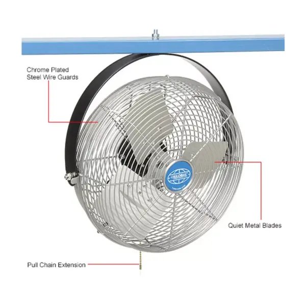 Global Industrial 12 Inch 3 Speed Workbench Wall Mount Workstation Fan with Pull Chain Control and 360 Degree Horizontal and Vertical Rotation 1/15 HP