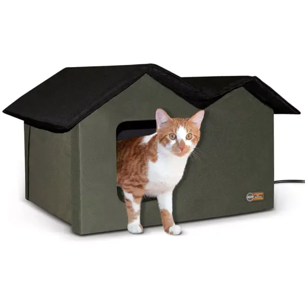 K&H Pet Products 3973 Extra Wide Outdoor Water Resistant Heated Kitty House with 2 Door Flaps Safe Escape For Feral and Outdoor Cats, Olive